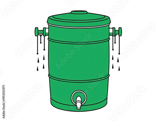A green water barrel with a functioning spout, suitable for outdoor use or as a decorative item