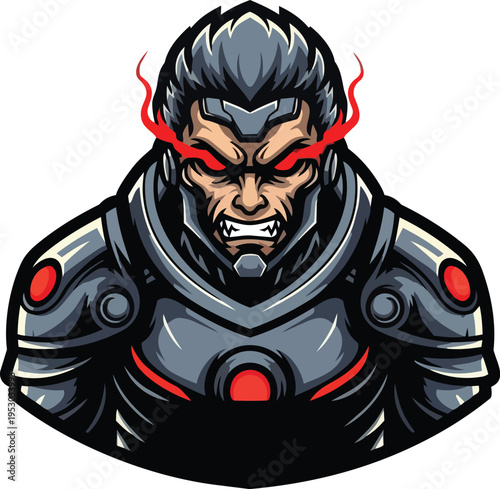A menacing futuristic warrior with red glowing eyes wearing armor