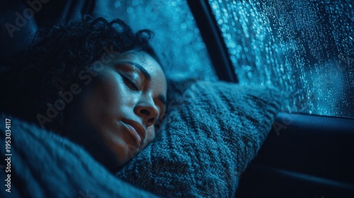Resting inside a car during a rainy night with water droplets on the window and soft light reflecting in the surroundings