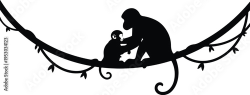 Silhouette adult and baby monkey sitting on jungle vine branch vector design