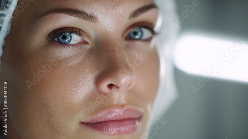 Woman with blue eyes looks directly at the camera in a bright, clinical setting during a skincare treatment session