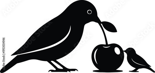 Silhouette bird feeding small bird cherry fruit minimalist vector design