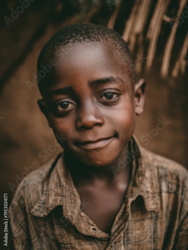 Young boy with a smile stands in a village setting during the afternoon light