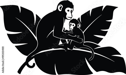 Silhouette caring mother monkey embracing cute baby on jungle leaves vector design