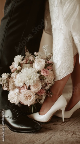 Wedding couple standing together with bouquet of flowers at indoor venue during the ceremony in the afternoon