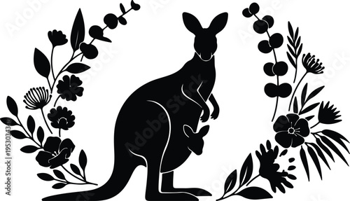 Silhouette kangaroo mother with joey surrounded by floral wreath vector design