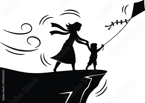 Silhouette mother and child flying kite on windy cliff edge vector design