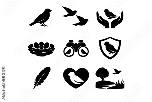 A collection of various bird icons and symbols on a white background including a bird flying with hands and a heart shaped bird.