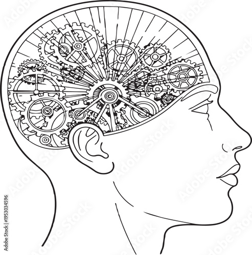 Vintage black vector illustration of a human head silhouette with gears and a brain integrated into a floral nature pattern with shell and tree ornaments for a tattoo design