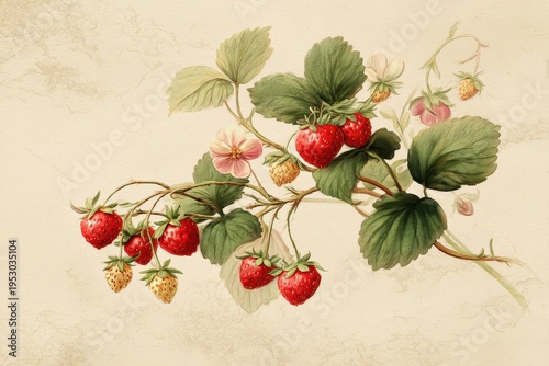 Soft pastel watercolor strawberry plant in a nostalgic botanical style