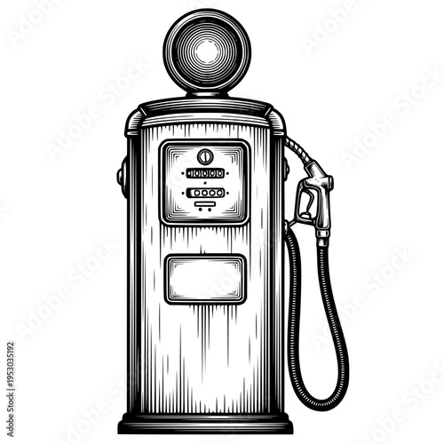 Vintage Gas Pump Illustration: A Classic Design in Black and White. Transparent background SVG version.