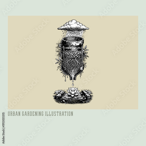 Urban garden illustration, hand-drawn organic greenery and nature-inspired design for modern living