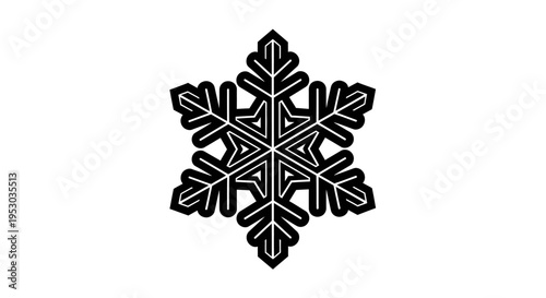 Symmetrical snowflake design with intricate geometric patterns and sharp, defined edges.