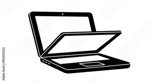 Open laptop with a blank screen and keypad visible, placed on a plain white background for technology iconography.