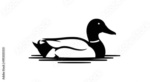 Duck swimming gracefully in water, accompanied by a small fish, depicted in a clean and simple black-and-white illustration.