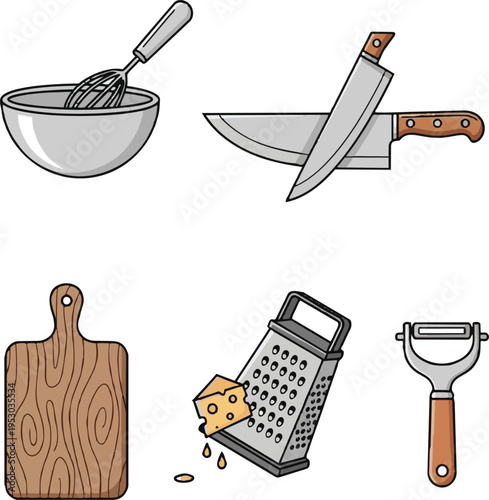 Vector set of isolated kitchen utensils and steel tools featuring a sharp metal knife blade with a wooden handle and a cooking grater on a white background for food equipment
