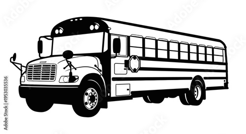 Black-and-white illustration of a school bus with detailed features, including windows, wheels, and a classic design.
