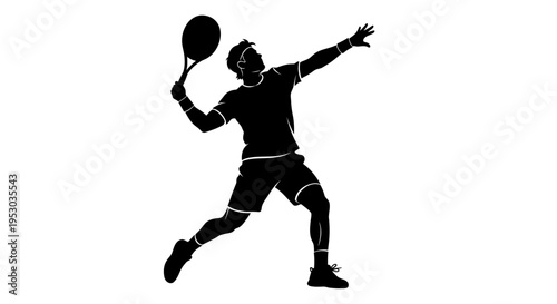 Silhouette of a tennis player in action striking a ball with a racket mid-swing.