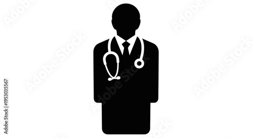 Silhouette of a doctor wearing a stethoscope, standing against a white background.