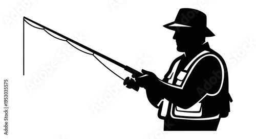 Silhouette of a fisherman wearing a hat and vest while holding a fishing rod against a white background.