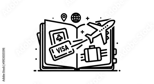 Travel visa and passport icon with airplane and luggage