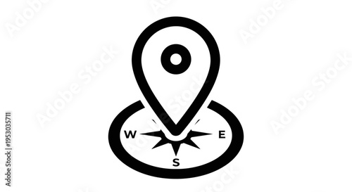 Black and white map pin icon with compass