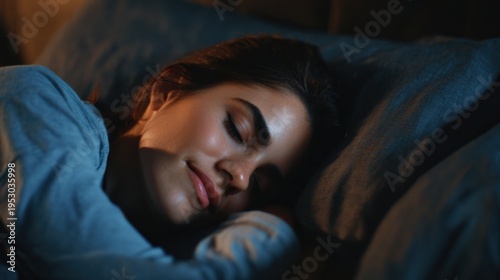 Woman sleeps on blue pillows in a dimly lit room during late night hours in a comfortable setting