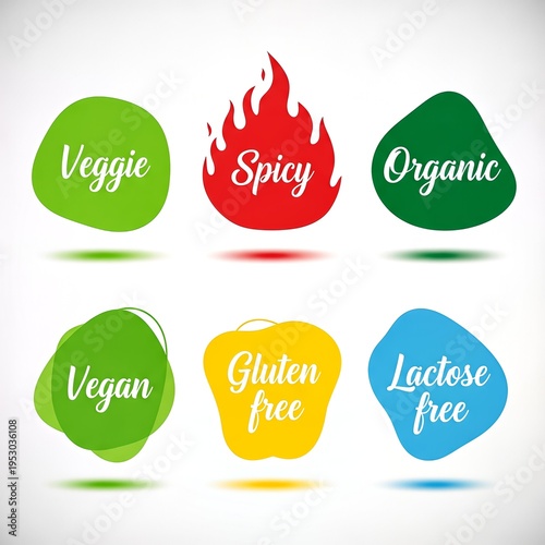 Dynamic abstract gradient badges, perfect for technology and sci-fi art concepts, illustrating modern dietary choices like vegan, spicy, and organic with a vibrant, sleek digital design