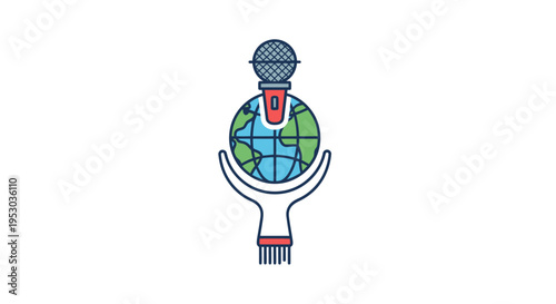 Hand holding a globe with microphone.