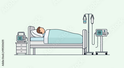Patient lying in hospital bed.