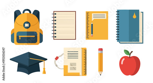 School supplies and graduation cap.