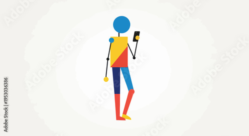 Colorful stick figure holding phone.