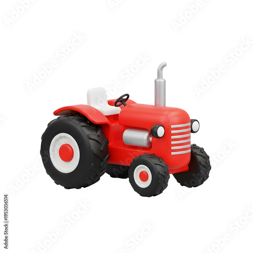 A red toy tractor with black wheels and white accents against a black background