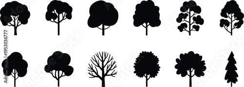 Collection of simple tree silhouettes including pine round and leafless trees isolated on white background for park forest landscape nature vector illustration