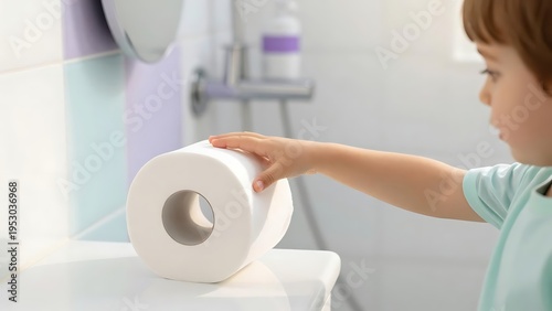 A child reaches for a roll of toilet paper in the bathroom: the concept of child hygiene and potty training.