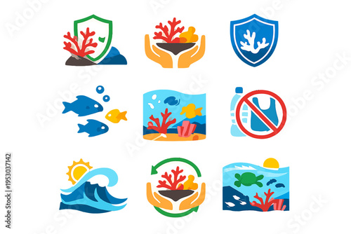 Vibrant ocean icons showcase coral reef protection and marine life