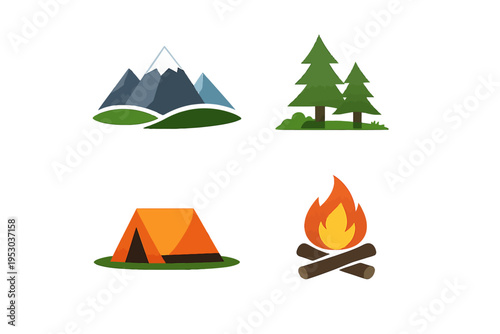 Camping scene with tent, campfire, trees, and mountains at night