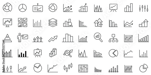 Growing bar 50 icon set. Business graphs and charts icons. Statistics and analytics vector icon. Statistic and data, charts diagrams, money, down or up arrow. Graph and Chart icon set. Editable line.