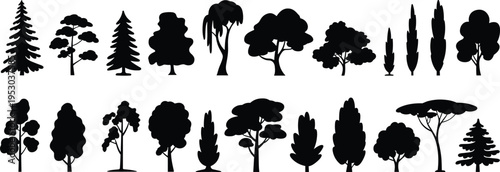 Large collection of forest tree silhouettes including pine cypress willow and broadleaf trees isolated on white background for landscape nature vector illustration set
