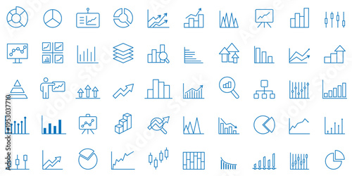 Growing bar 50 icon set. Business graphs and charts icons. Statistics and analytics vector icon. Statistic and data, charts diagrams, money, down or up arrow. Graph and Chart icon set. Editable line.