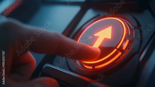 Finger pressing glowing red arrow button initiating upward movement and progress pushing touch