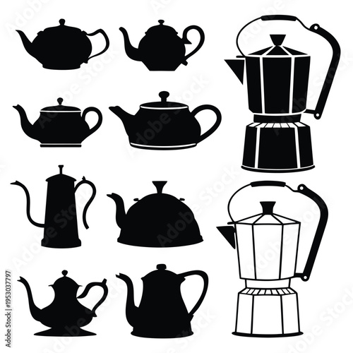 Collection of teapot and coffee pot silhouettes vector graphic set