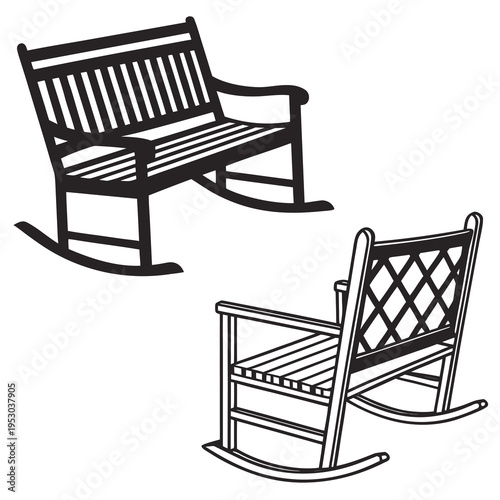 Elegant rocking chairs and bench vector silhouettes for relaxing home and garden furniture