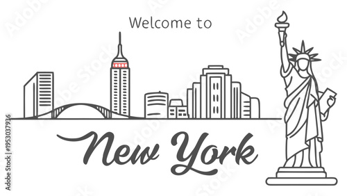 Welcome to new york city skyline outline with statue of liberty and landmark buildings