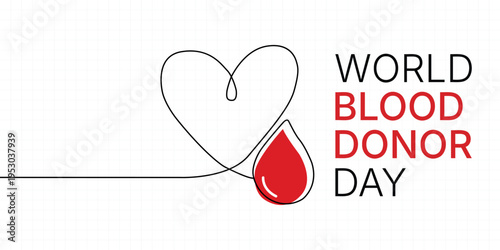 World Blood Donor Day Concept: Minimalist Continuous Line Art Heart and Red Blood Drop Illustration for Healthcare Awareness and Medical Donation Banner