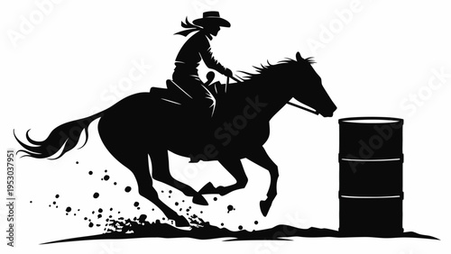 Silhouette of a rider on a galloping horse, barrel racing in a rodeo event, showing speed and skill