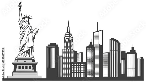 Iconic new york city skyline silhouette with statue of liberty and famous skyscraper buildings