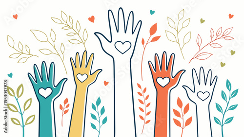 Diverse hands with heart symbols and green leaves in a vector illustration for unity and support