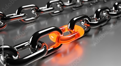 A strong metal chain features one distinctive glowing orange translucent link, symbolizing uniqueness and connection.