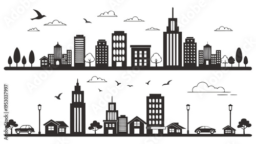Urban city skylines with buildings, trees, streetlights, cars, and birds in a vector illustration